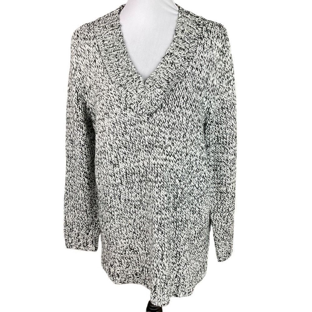 Chaps Sweater Tunic V Neck Black White Knit Silver Metallic Thread Side Slits XL